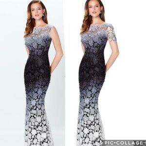 Mon Cheri Ombre Black to White Lace Evening Gown